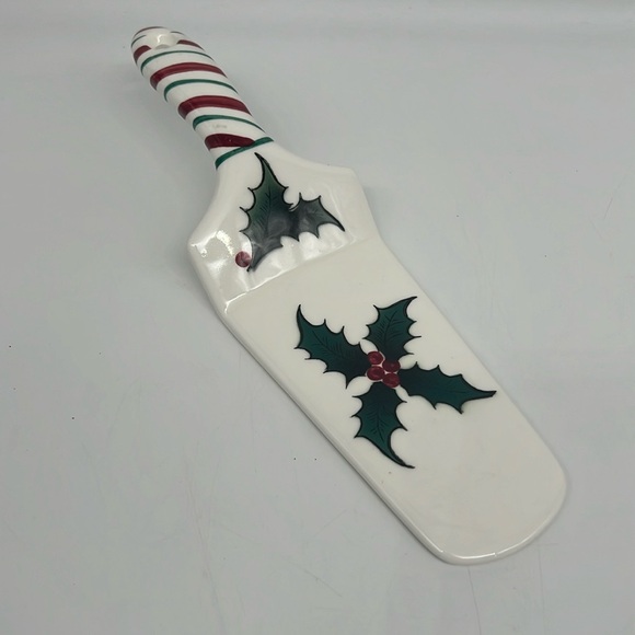 Lefton Holly Candy Cane Christmas Vintage Solid Ceramic Pie Cake Server Item 735 - Picture 1 of 9